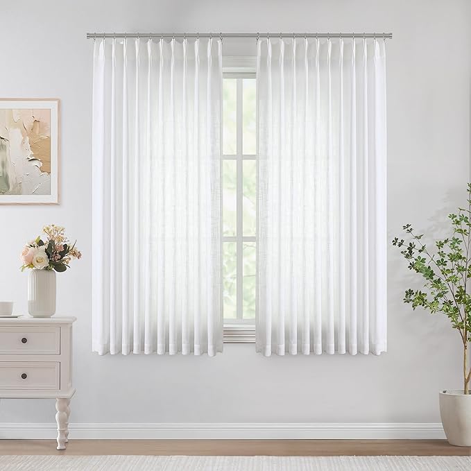 Vision Home White Pinch Pleated Semi Sheer Curtains Textured Light Filtering Window Curtains 72 inch for Living Room Bedroom Patio Rayon Blended Pinch Pleat Drapes with Hooks 1 Panel 60" Wx72 L