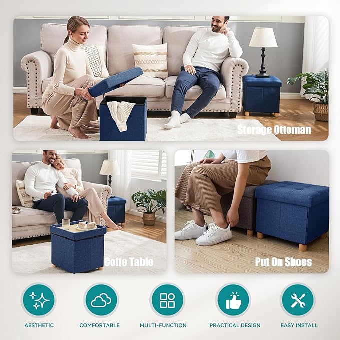 BRIAN & DANY Ottoman with Storage, Small Storage Ottoman for Dorm, Linen Folding Ottoman Foot Stool with Legs for Living Room and Bedroom, 14.8"x14.8"x16.1" - Blue