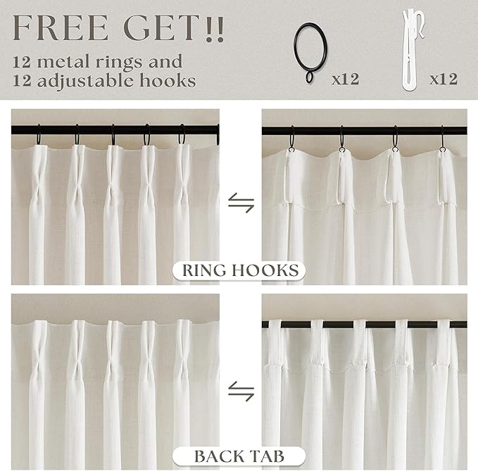 Pinch Pleated Extra Wide Curtain Panels 90 Inches Long 70 Wide Linen Curtain for Patio Sliding Glass Door Cream Hooks Rings Semi Sheer Privacy 90 Inch Length for Living Room 70x90 1 Panel