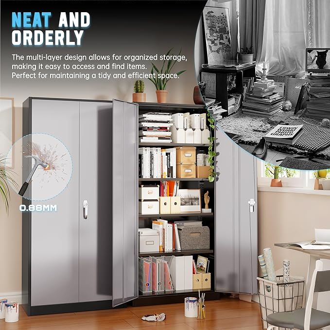 Superday Metal Storage Cabinet with Lock, 72" H Garage Storage Cabinet with Doors and 4 Adjustable Shelves,Black Grey Steel Locking Cabinets for Office, Home, Garage, Gym, School