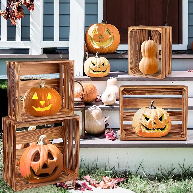 4 Pieces Decorative Wood Crates for Party Display, Large Rustic Farmhouse Wooden Nesting Storage Crates with Handles for Wedding Birthday Home Party Decoration