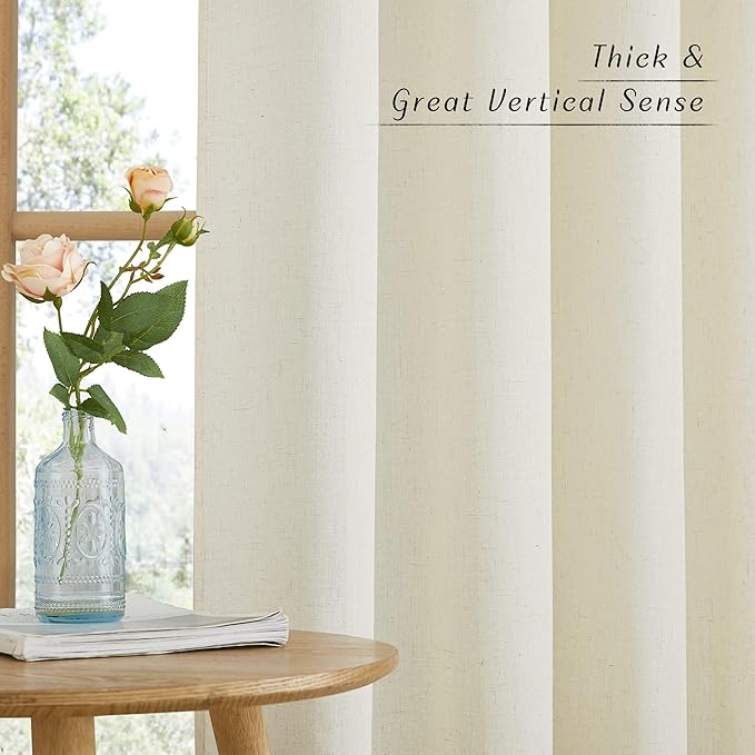 NICETOWN Thick Boho Curtains Linen Drapes for Living Room, Rustic Rod Pocket Semi Sheer Panels Privacy Assured Semi Sheer Linen Blend for Living Room/Bedroom, Off White, W55 x L95, 2 Panels
