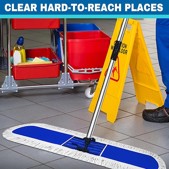 48 inch Commercial Dust Mop for Hardwood Floors, Large Size Dry Mop, Reusable Cotton Yarn Head, Telescopic Stainless Steel Handle, Industrial dust mops for Floor Cleaning, Marble, Blue
