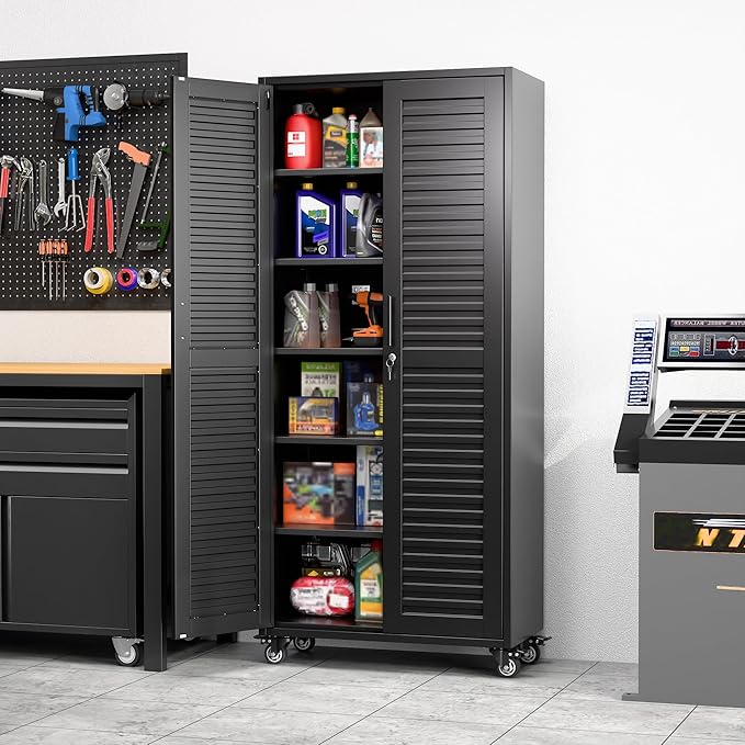 Garage Storage Cabinet with Wheels, Lockable Metal Storage Cabinet with 5 Adjustable Shelves, Magntic Door for Garage Home Office Utility Room,Required Assembly,Black,70.87"H x 31.5"W x 15.75"D
