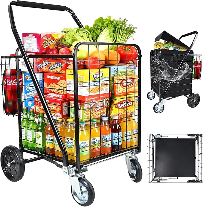 Folding Shopping Cart with Removable Waterproof Liner, 450LBS Capacity Grocery Cart with 39.5 Gal Dual Basket & 360° Swivel Wheels, Heavy-Duty Wagon for Grocery Shopping Laundry Transport