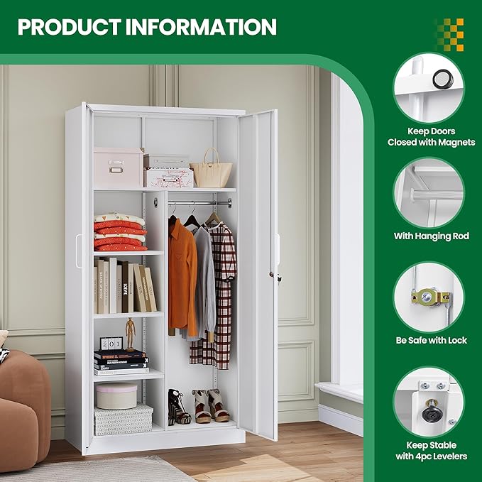 Broom Closet with Lock, Metal Storage Cabinet 36" Wide, 5-Tier Steel Utility Cabinet with Hanging Rod & Doors for Garage, Laundry Room, Warehouse Storage