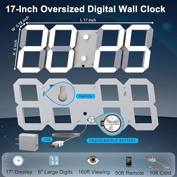 3D Digital Wall Clock 17" with Remote Control,Led Clock Adjustable Brightness Timer 12/24 Hr Time/Date/Temperature for Living Room/Office/Restaurant