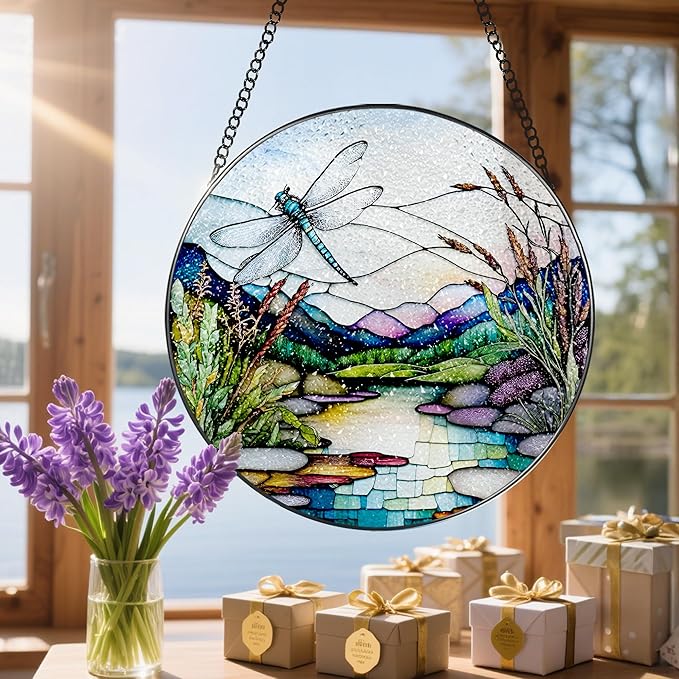 8 Inch Stained Glass Suncatcher Ornament, DOUHASU Dragonfly Sun Catchers Indoor Window, Stained Glass Window Hanging, Home Decor, Dragonfly Lovers Gifts for Her, Women, Mom, Wife