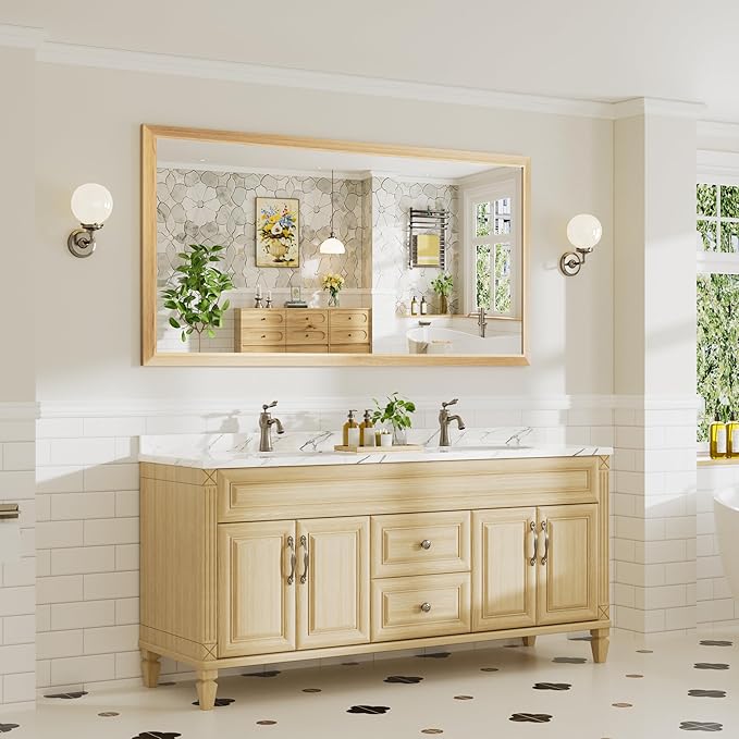 72x36 Inch Bathroom Mirror for Wall, Anti-Rust Oak Wood Grain Metal Framed Bathroom Mirrors for Over Sink,Rectangler Mirrors for Bathroom Vanity, Farmhouse, Bedroom, Living Room, Entryway Decor