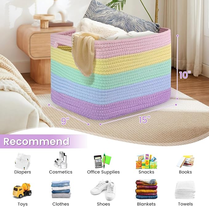 3 Pack Shelf Woven Storage Basket, 15 x 10 x 9” Closet Rope Baskets For Organizing, Square Bins with Handles, Rainbow