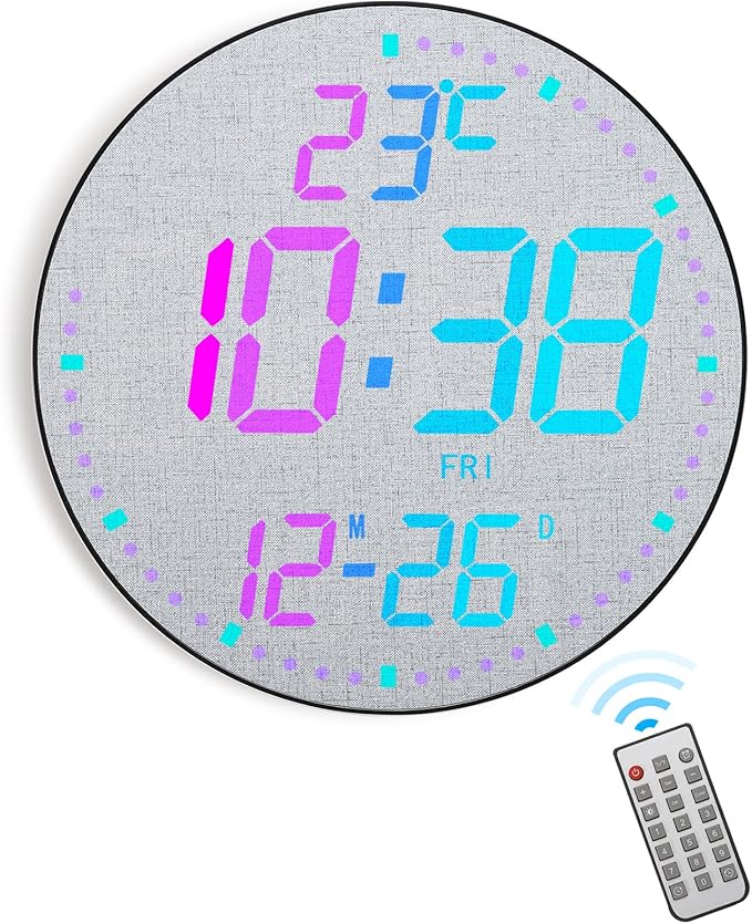 12" Large Digital Wall Mount Clock, Count Down Timer, Alarm, Big LED, 12 RGB Color, Temperature for Living Room Classroom Desk, Xmas, Birthday Gift for Senior Mom (Fabric Elements)