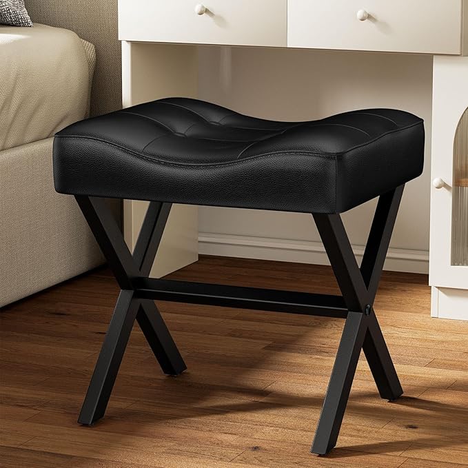 18-Inch Large Leather Vanity Stool, Vanity Chair with Metal X-Leg, Ottoman Accent Stool with Thick Padded Saddle Seat, Black