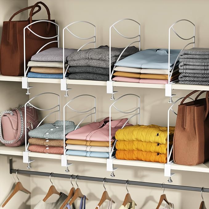 6-Piece Wire Shelf Dividers for Closet Organization, Upgraded C-Clips Adjustable Metal Shelf Dividers Suitable For Bedrooms & Kitchens, Storage Helper for Handbag Sweater Shirt Ankle Boots, White