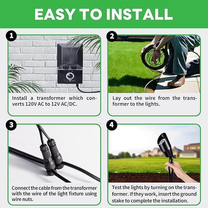 Low Voltage Spotlight Kit, with 4 Pack Black LED Landscape Lighting and 100W Transformer and 100FT Cable and 20 Wire Connectors, Outdoor 12V Waterproof Aluminum Uplight for Tree Yard Garden