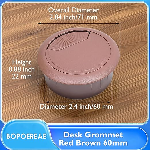 Desk Grommet 2-3/8" (60 mm), Desk Cord Hole Cover, Cable Grommet ABS Plastic, Desk Hole Grommet for Office and Home Table Cable, Detachable Adjustable Cable Cord Organizer (Reddish Brown 4 Pcs)