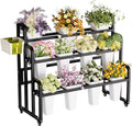 Heavy Duty 3-Layer Metal Flower Display Stand, 11-Bucket Flower Bar with Tool Basket, Thickened Frame & 360° Swivel Wheels, Flower Cart for Patio, Garden, Florist, Wedding & Party (Black)
