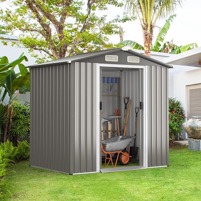 HAPPYGRILL 6 x 4 ft Outdoor Metal Storage Shed, Galvanized Steel Shed with Tilted Roof, Lockable Sliding Doors & 4 Air Vents, Utility Shed for Backyard Garden Patio Lawn