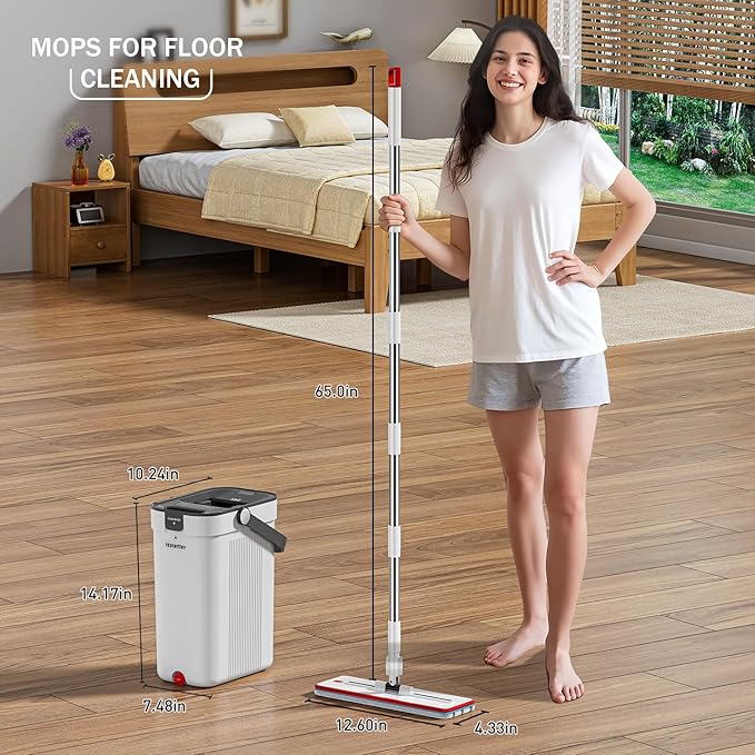 Mop and Bucket Set, Flat Mop and Bucket System with Separate Dirty and Clean Water, 3-Compartment Wall Cleaner Mop, Flat Mops for Floor Cleaning with 4 Microfiber Pads