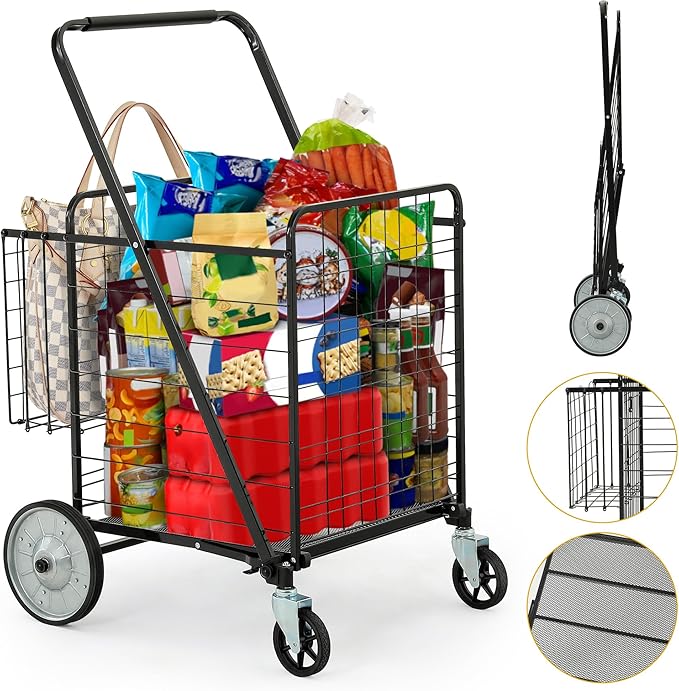 DWVO Super Jumbo Folding Shopping Cart Heavy Duty, Rolling Foldable Grocery Cart with Wheels, Portable Collapsible Utility Cart with Double Basket for Shopping Groceries Laundry Storage