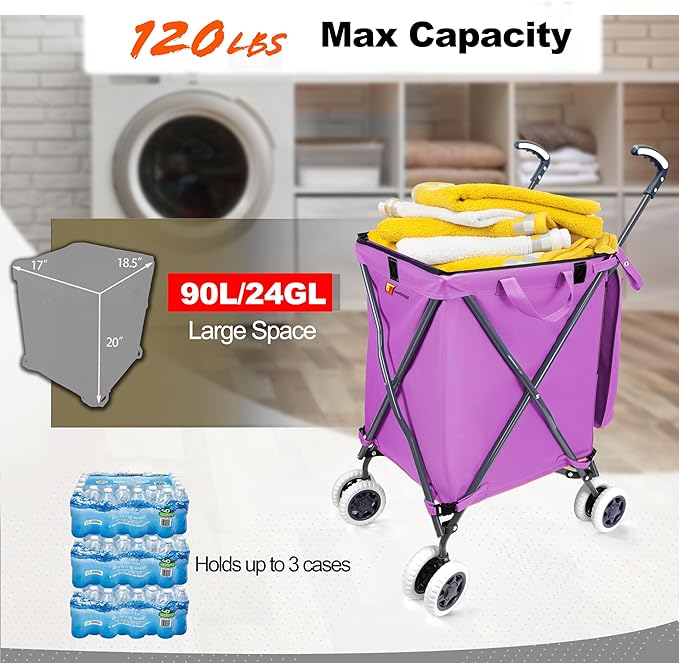 Wellmax WM99100 Series Folding Shopping Cart with Wheels, Grocery Cart with Removable Canvas with Cover, Lightweight Utility Cart for Groceries and Laundry - Holds up to 120 lbs (Purple)