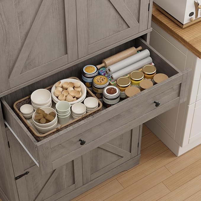 HOSTACK 71" Tall Pantry Cabinet, Farmhouse Kitchen Pantry with Storage Shelves, Barn Doors Food Storage Cabinet, Freestanding Kitchen Hutch with Large Drawer for Dining Room, Living Room, Ash Gray