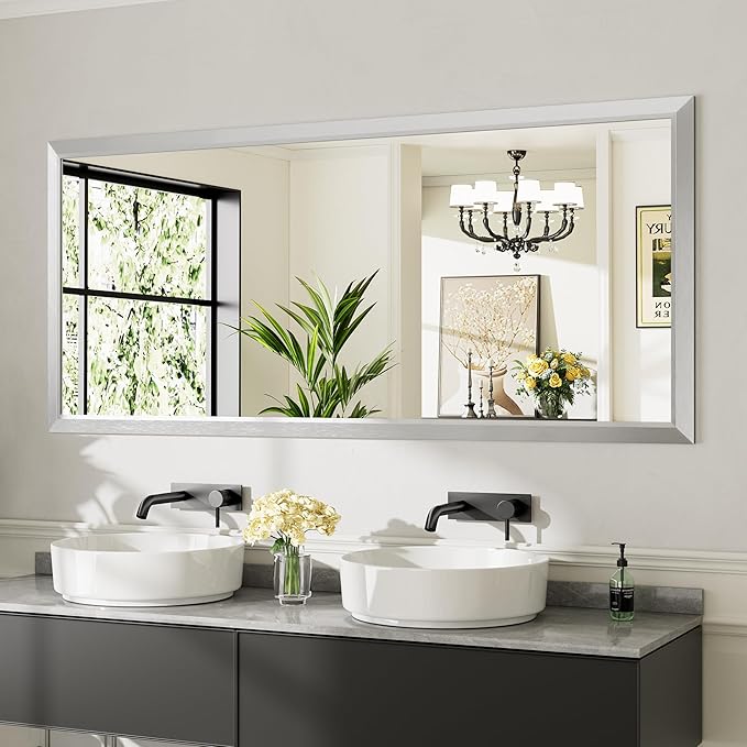 72x32 Inch Brushed Nickel Bathroom Mirror for Wall, Thick Metal Framed Rectangle Mirrors for Over Sink, Bedroom, Living Room, Entryway, Anti-Rust, HD Tempered Glass