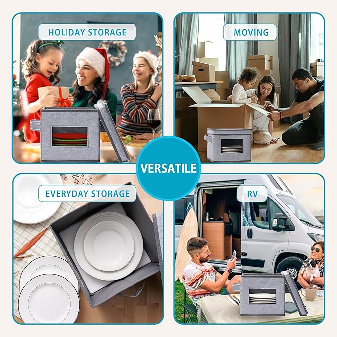 VENO 4 Size China Storage Containers for Dishes Plate Hard Shell, Christmas Holiday Ornament Storage Organizer, Moving Box for Packing Dinnerware Glasswear (4 Sizes Bundle, Holds 48 Plates)