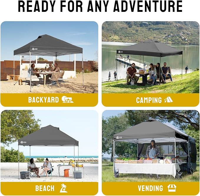 CROWN SHADES 8x8 Pop Up Canopy - Beach Tent with One Push Setup - Easy Outdoor Sun Shade for Events, Parties, Camping - Gazebo with STO-N-Go Cover Bag, Silver Coated Top,Grid Grey