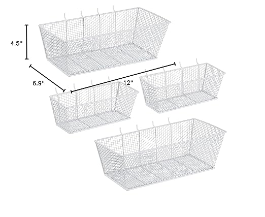Sieral 4 Pcs Pegboard Baskets Metal Wire Shelf Baskets Peg Board Organizer Accessories Wall Mount Organizer Attachments for Garage Workbench Various Tool Accessories, 2 Sizes (White,Medium, Large)