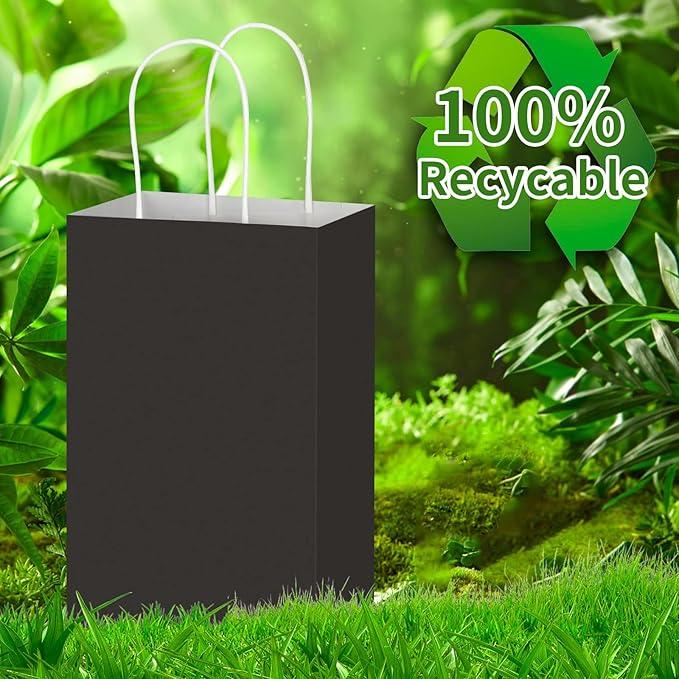 Toovip 100 Pack 5.25x3.25x8.25 Inch Small Black Kraft Paper Bags with Handles Bulk, Gift Wrap Bags for Favor Grocery Retail Party Birthday Shopping Business Goody Craft Merchandise Take Out Cub Sacks