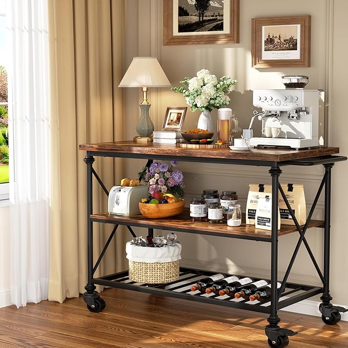 Homieasy Kitchen Island Cart with Wheels, 3-Tier Wood and Metal Rolling Kitchen Island Table with Pipe Legs, Storage Shelves & Lockable Casters for Kitchen Dining Room, Rustic Brown