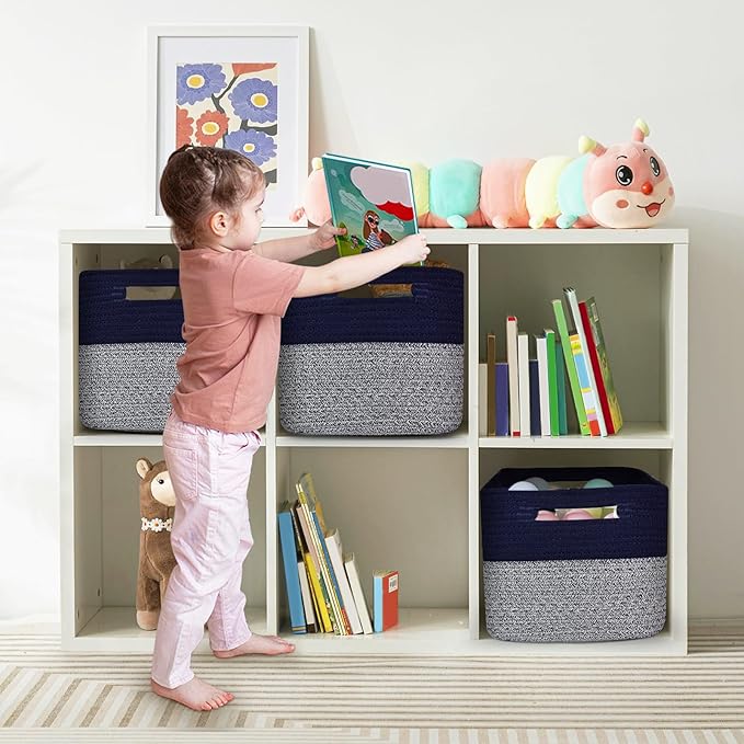 3 Pack Shelf Woven Storage Basket, 15 x 10 x 9” Closet Rope Baskets For Organizing, Square Bins with Handles, Grey+Blue