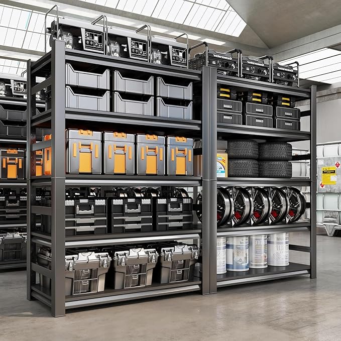 Garage Shelving Units, Heavy Duty 5-Tier Storage Shelves, Metal Adjustable Storage Rack, Steel Shelves, 2750 lbs Capacity, Industrial Shelving for Heavy Tools (Black, 24"Dx47"Wx88"H, 5-tier)