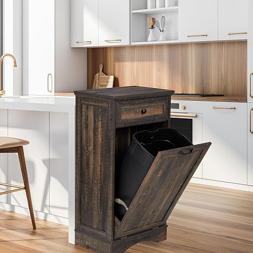13 Gallons Tilt Out Trash Cabinet Freestanding Kitchen Trash Bin Cabinet Wood Garbage Recycling Cabinet with Hideaway Drawer Pet Proof Trash Can Holder for Kitchen Living Room, Rustic Brown