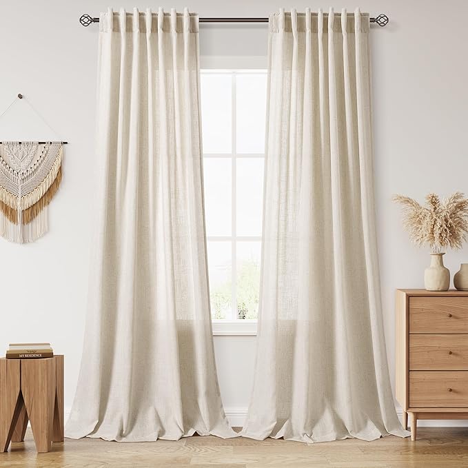 Nanspring Eclectic Home Decor Linen Curtains 96 Inches Long for Living Room Boho Luxury Light Filtering Semi Sheer Curtain Back Tab Modern Privacy Drapes for Bedroom Office 52x96, 2 Panels