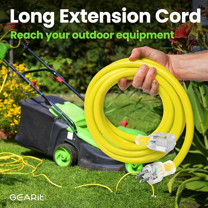 GEARit Outdoor 10 AWG Gauge 3 Prong Plug 100 Foot Extension Cord, Power Cord for Lawn, Garden, Appliances, 10/3, SJTW Heavy Duty for Indoor/Outdoor, All Purpose Weather Resistant, 100 Feet, Yellow