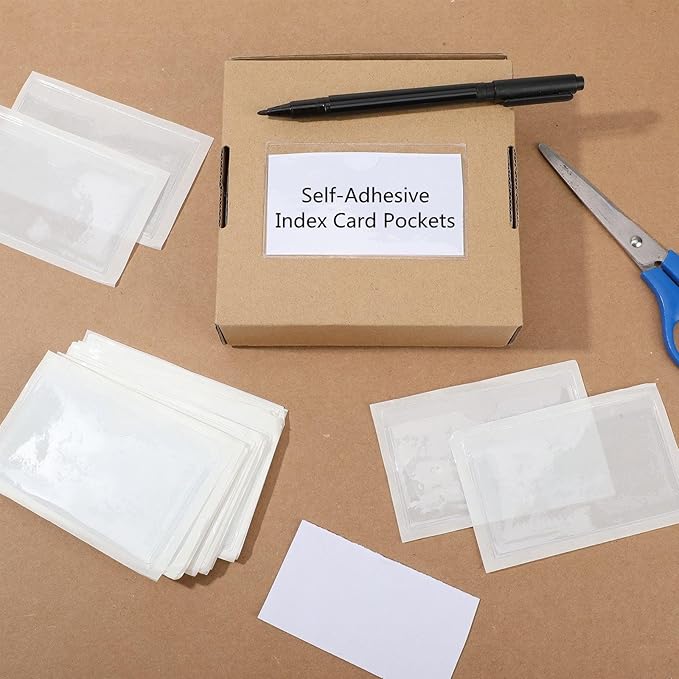 Chinco 50 Pack Clear Adhesive Pockets, Labels for Storage Bins, Plastic Self Adhesive Index Card Holder with Top Open for Organizing Bins Box Drawer(2.5 x 4.06 Inches)
