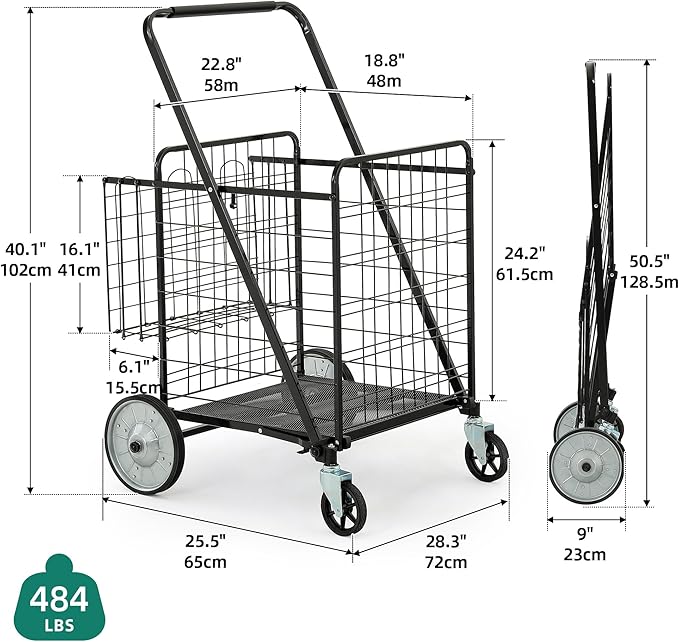 YITAHOME Folding Shopping Cart with Wheels, Rolling Foldable Grocery Cart with Rear Basket, Portable Collapsible Utility Cart with Reinforced mesh Bottom Panel for Shopping Groceries Laundry Storage