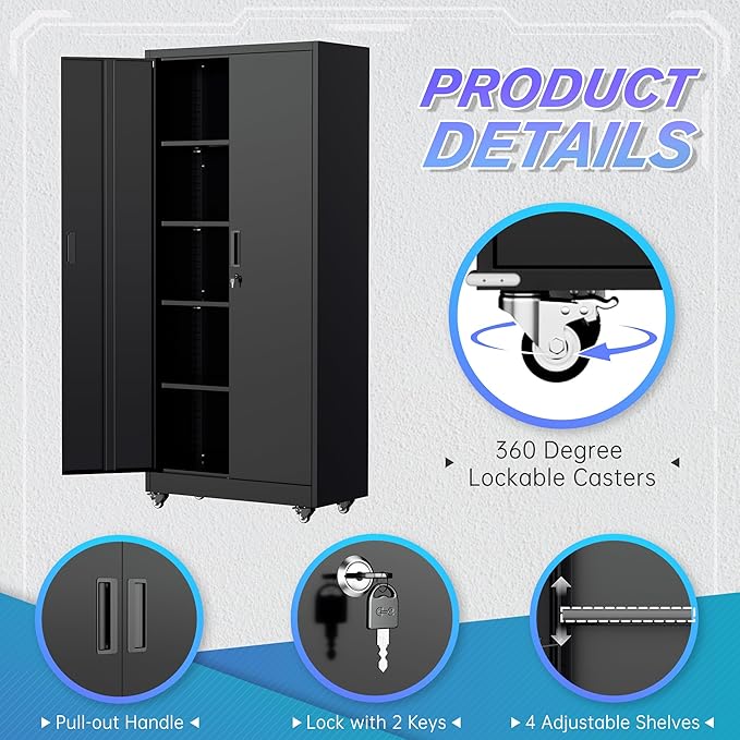 Superday Garage Storage Cabinet with Wheels，73" H Metal Storage Cabinet with Doors and Adjustable Shelves, Lockable Steel Utility Tool Cabinets for Garage, Home Office, Kitchen(Black)