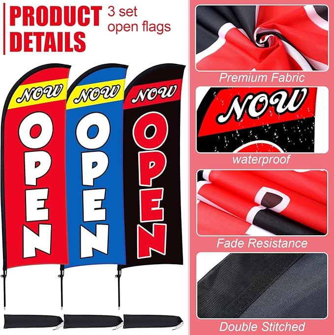 Buryeah 3 Sets Now Open Feather Flag Pole Kit for Business Advertising 7 ft Open Flag Banner Sign with Pole Kit Ground Stake and Portable Bag for Outside Ground (Multicolor)
