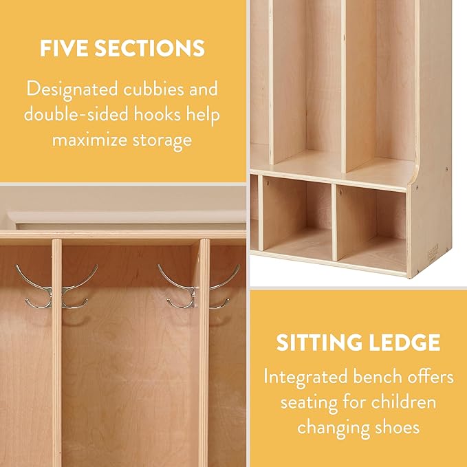 Sleekline 5-Section Toddler-Sized Coat Locker with Bench, Kids Furniture, Natural
