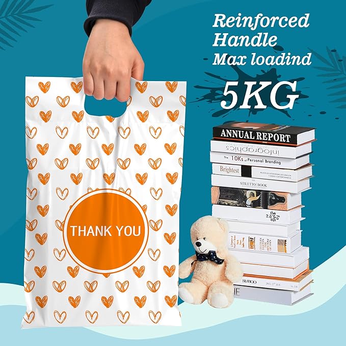 JinRuiKJ Poly Mailers with Handle 10x13 Inch 100 Pcs, Easy to Carry Packaging Bags for Small Business, Thank You Shipping Bags with Self Adhesive Strip, Tearproof and Waterproof - Yellow heart