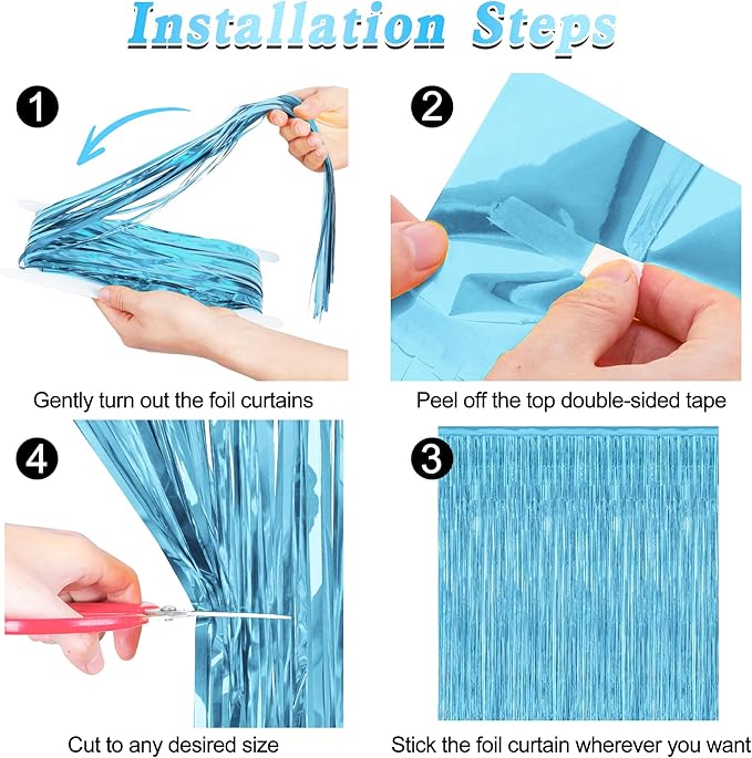 8 Pack Party Decorations, 3.28 FT x 7.05 FT Party Streamer, Metallic Sky Blue Tinsel Backdrop Fringe Curtains Party Decorations, Light Blue Birthday Backdrop Photo Booth Props