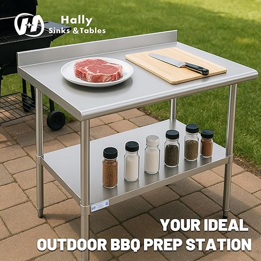 Hally Stainless Steel Table for Prep & Work 18 x 24 Inches, NSF Commercial Heavy Duty Table with Undershelf and Backsplash for Restaurant, Home and Hotel