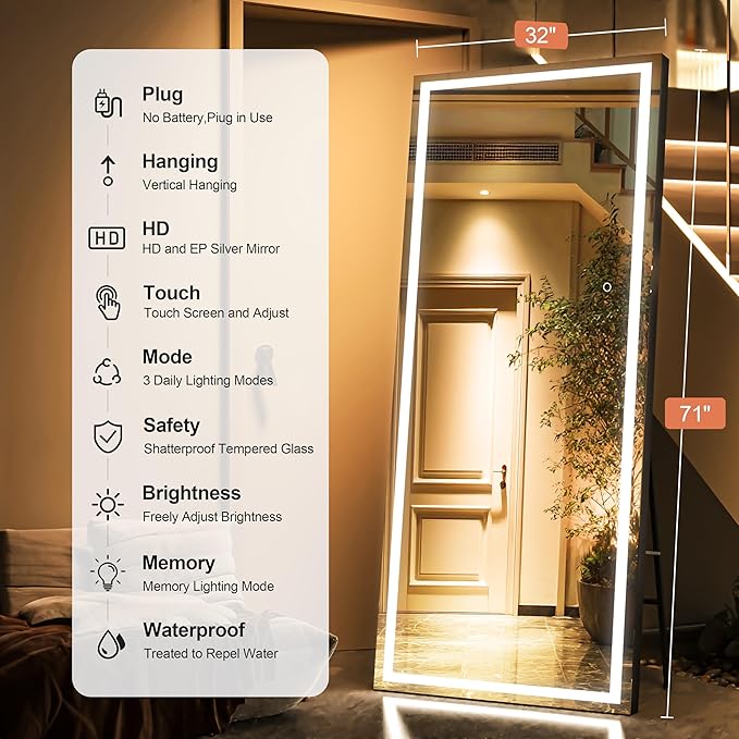 Full Length Mirror with Lights, 71" x 32" LED Lighted Floor Standing Body Mirror, Dimmable & 3 Color Lighting for Bedroom, Cloakroom, Dressing Room, Tempered Glass, Square Black