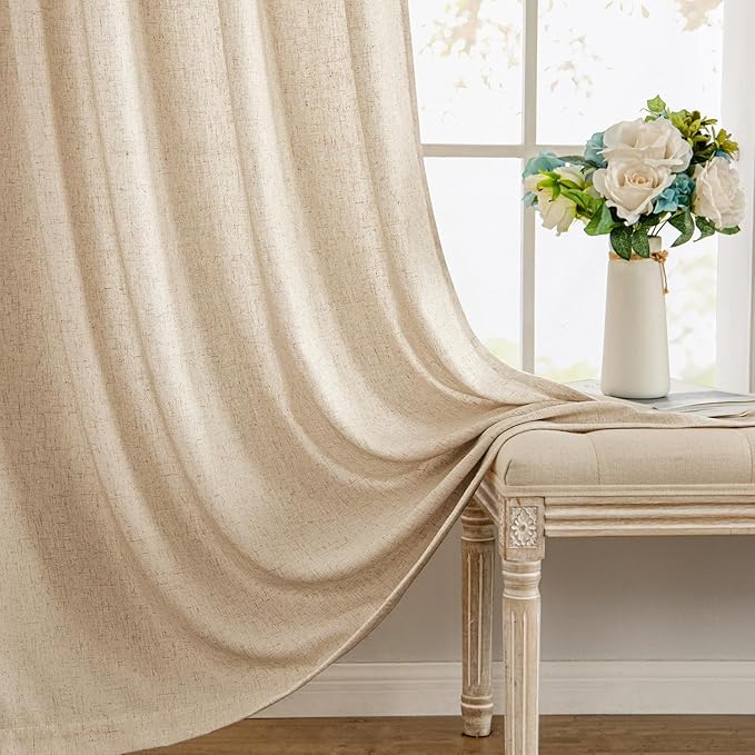 MIULEE Non-See-Through Privacy Linen Curtains 2 Panels, Light Filtering Window Curtains Farnhouse Textured Back Tab Semi Sheer Drapes for Bedroom Living Room, 52 x 96 Inches Long, Light Brown