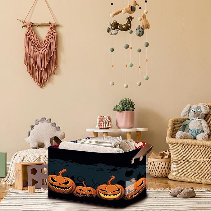 Halloween Pumpkin Storage Basket Large 17x11.5x10.5 Inche-Collapsible Fabric Organizer Bin with Handles for Fall Decor, Party Supplies, Nursery-Decorative Hamper with Jack-O-Lantern -Single Pack