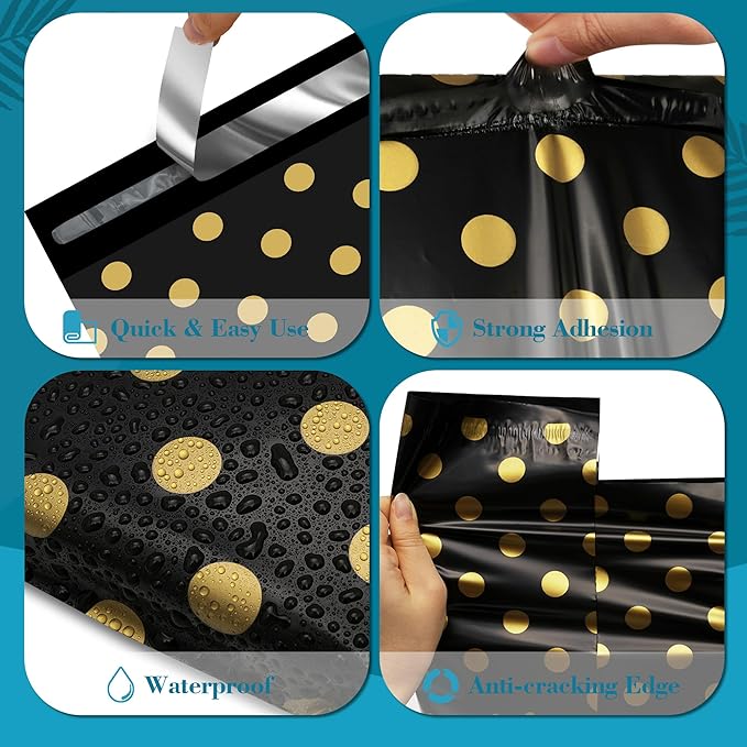 JinRuiKJ Poly Mailers with Handle 10x13 Inch 100 Pcs, Easy to Carry Packaging Bags for Small Business, Thank You Shipping Bags with Self Adhesive Strip, Tearproof and Waterproof - Gold Polka Dot