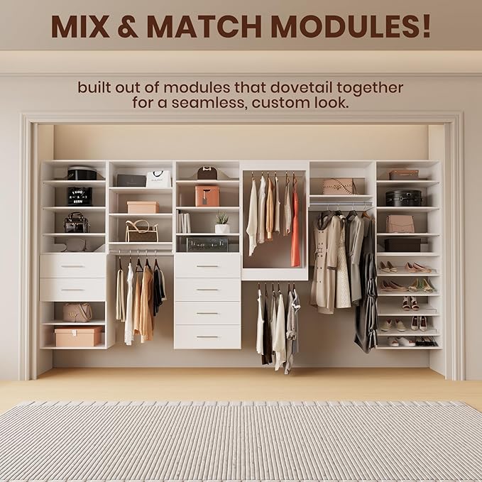 ROOMTEC 19.5" Medium Hanging Closet Unit, Modular Closet System with Hanging Rod, Wardrobe Organizer for Bedroom or Walk-in Closet, Wall Mounted, Customizable Clothes Storage Unit, White