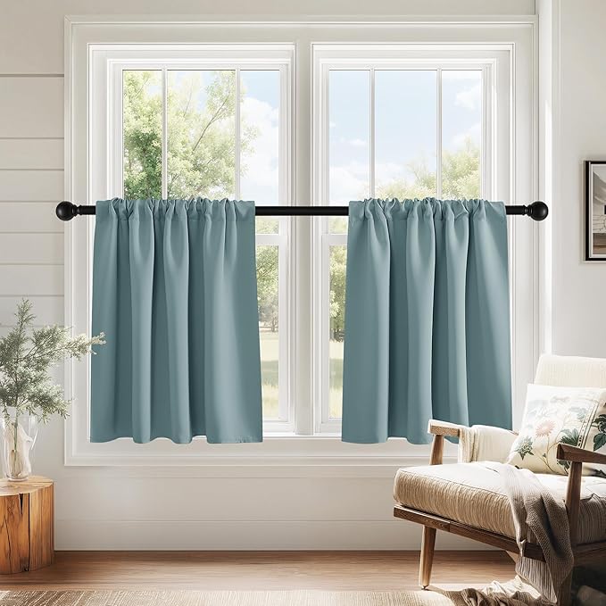 PONY DANCE Blackout Short Cafe Curtains, Privacy Light Block Small Window Curtains for Bedroom Kitchen Basement Dining Classroom, W 29 x L 24 inches, Greyish Blue, 2 Panels